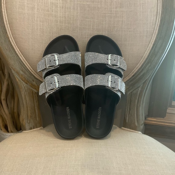 Steve Madden Black Rhinestone Double Strap Sandals - Picture 5 of 6